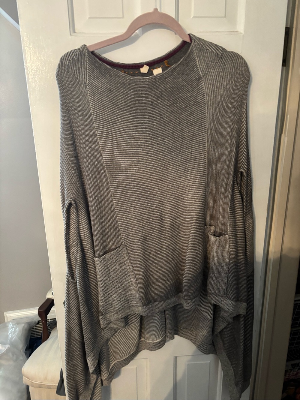 Anthropologie Gray Ribbed High-Low Pocket Sweater Poncho